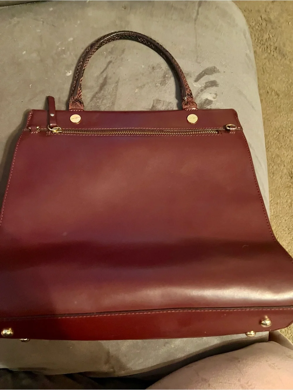 LACUCCI ITALIAN LEATHER Burgundy Suede & Leather Satchel with Gold Hardware